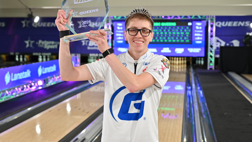 Erin McCarthy celebrates after winning the 2026 United States Bowling Congress Queens championship match at Gold Coast Bowling Center, capturing her second major PWBA title.