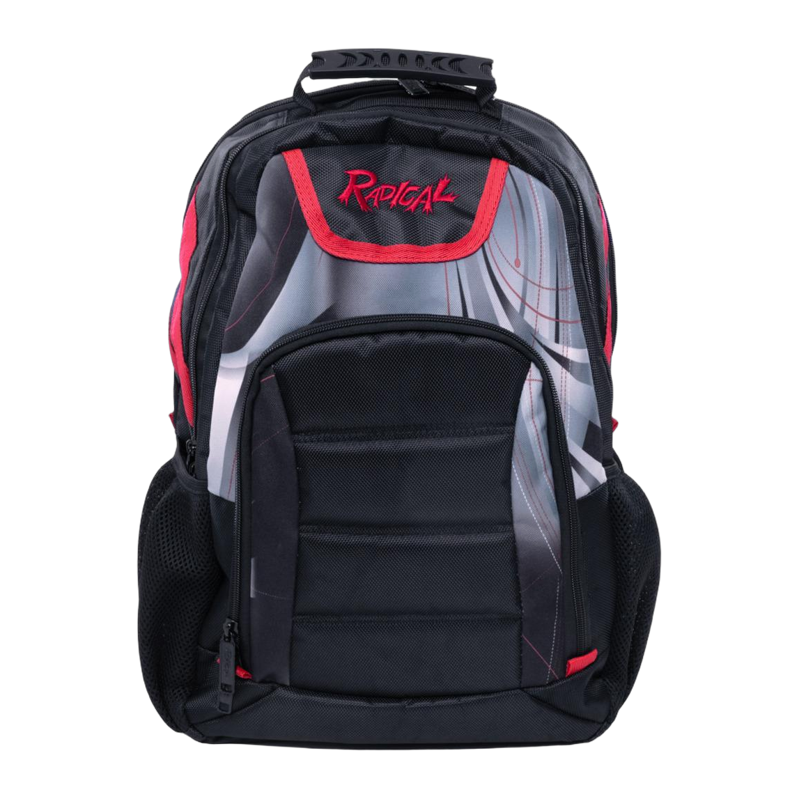 Radical Dye-Sub Backpack Black/Red — front view showing shoe pocket and dye-sub graphics